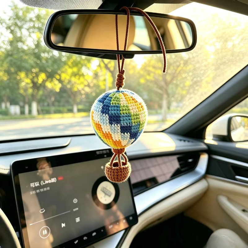 Car Accessories Mirror Hanging - Niedliche gehäkelte Heißluftballon-Autodekoration, handgefertigte Rückspiegel-Accessoires, Boho-Hängeanhänger,
