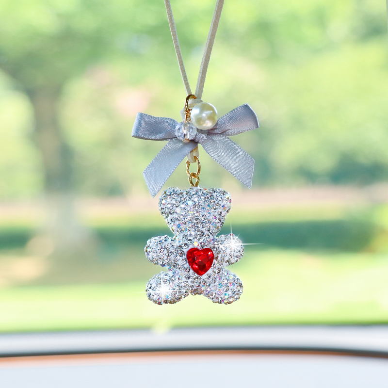 Car Accessories Mirror Hanging - Niedlicher Schleifenbär-Autoanhänger, Kreative Strass-Cartoon-Dekoration für den